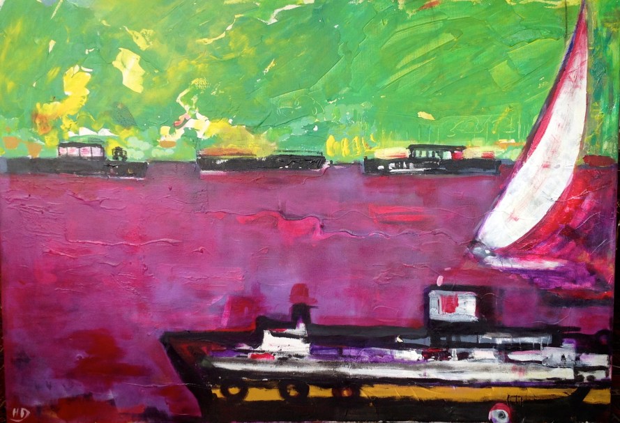 Péniches sur la Seine-Peinture-Acylique/toile 100cm/70cm/5cm-Paysage