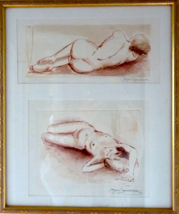 Gravure à la pointe sèche sur matrice en cuivre, reportée sur du papier chiffon-Sanguine et aquarelle.