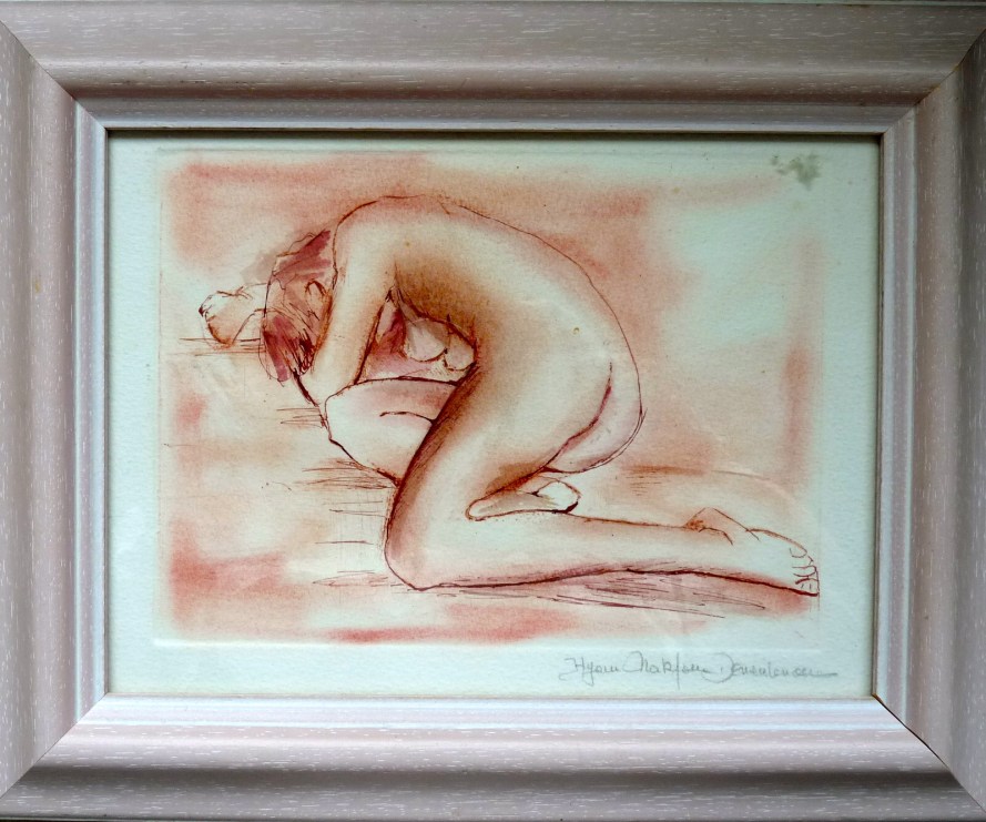 Gravure à la pointe sèche sur matrice en cuivre, reportée sous presse sur du papier chiffon-Sanguine et aquarelle.