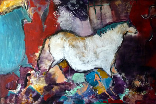 Pariétal 2-Peinture-Techniques mixtes-Jaune-Bleu-Fait main-Oeuvre unique-100cm/80cm