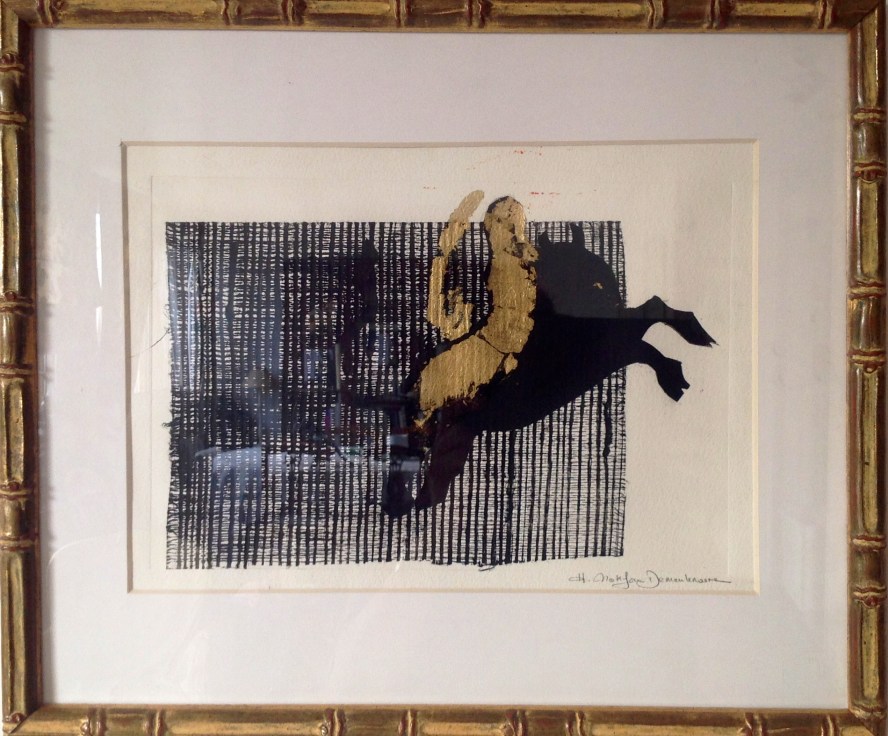 Linogravure sur papier d'Arche Torchon-rehaussée de feuilles d'or-Cadre-Pièce unique-fait main