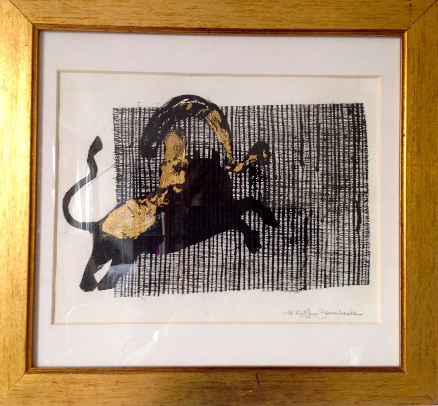 Linogravure sur papier d'Arche Torchon-rehaussée de feuilles d'or-Pièce unique-